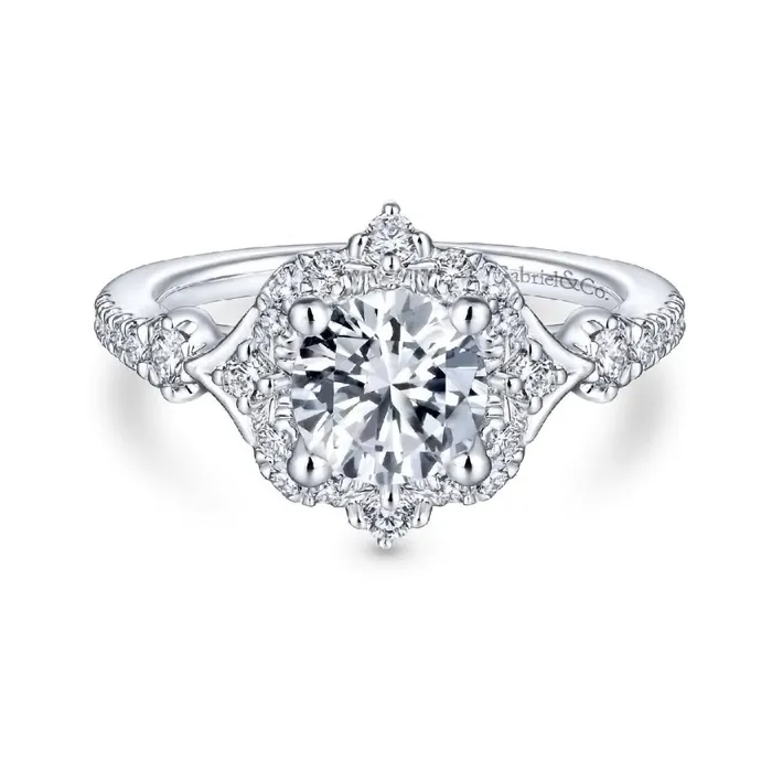 14K White Gold Diamond Four Point Diamond Halo Semi Mount Engagement Ring GABRIEL CO. Rings