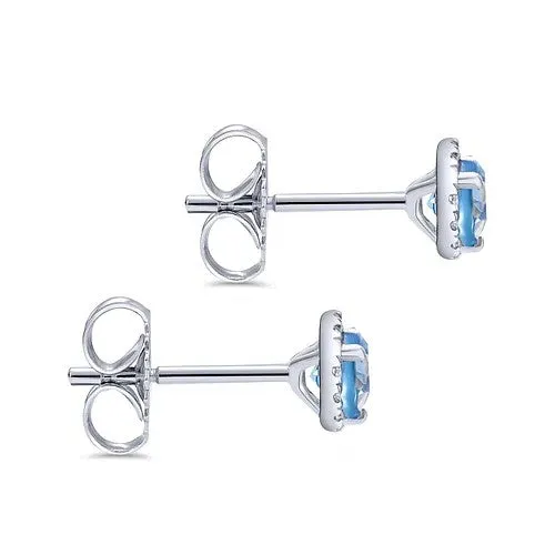 14K White Gold Diamond Halo Swiss Blue Topaz Stud Earrings | GABRIEL & CO. Earrings