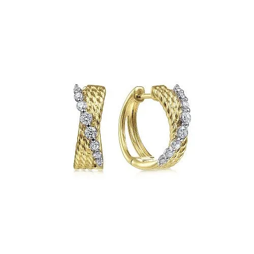 14K Yellow-White Gold Twisted 15mm Diamond Huggie Earrings GABRIEL CO. Earrings