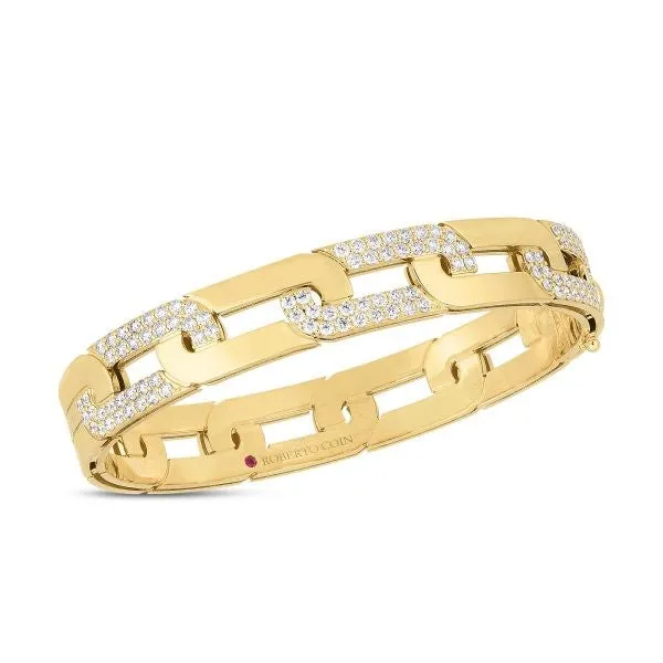 18K YELLOW GOLD NAVARRA LARGE ALTERNATING DIAMOND LINK WIDE BANGLE ROBERTO COIN Pre-Styled Sets