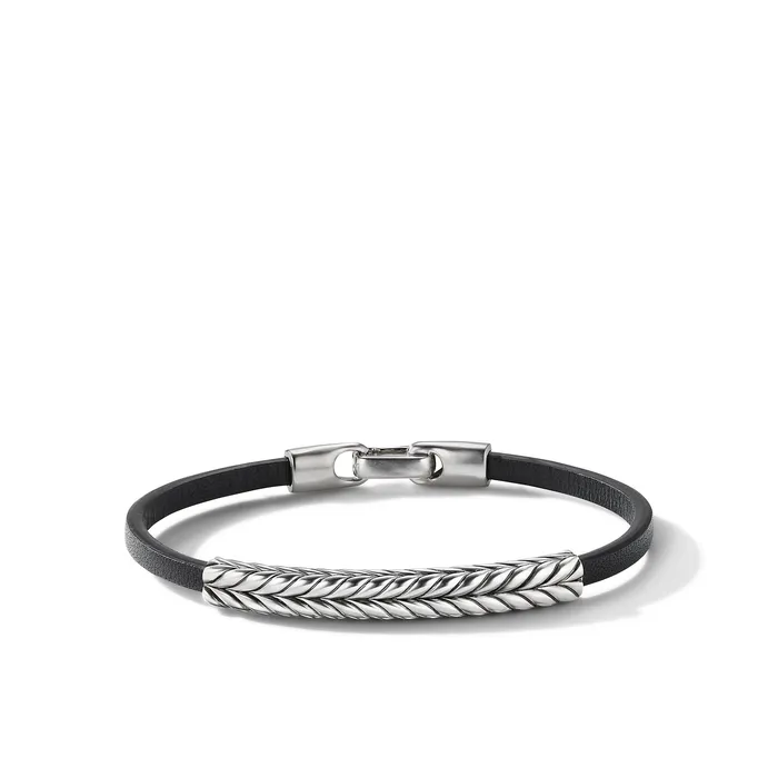 Bracelets Chevron ID Bracelet in Black Leather with Sterling Silver 6.6mm - David Yurman