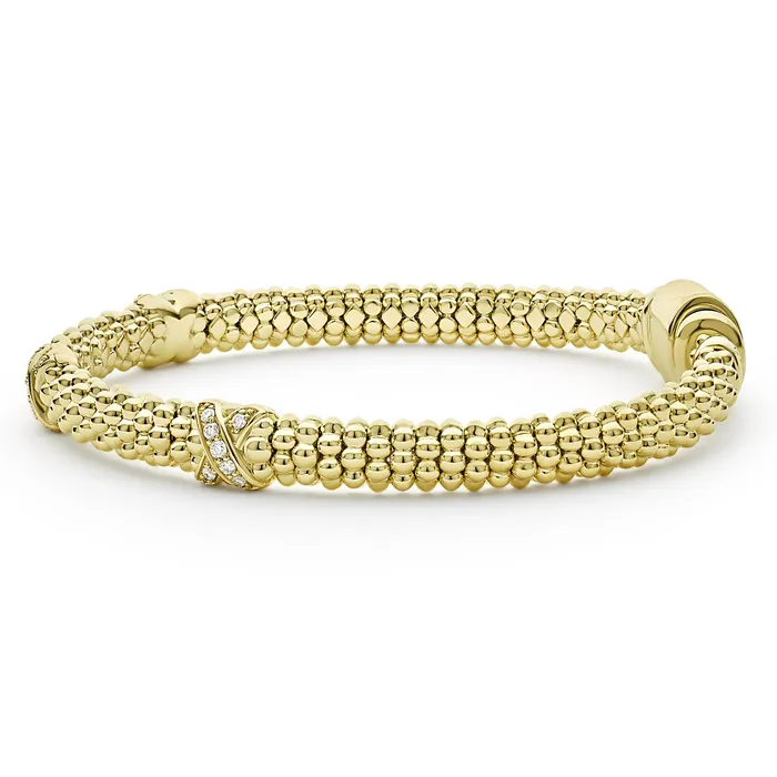 Bracelets | Embrace 18K Gold Three Station X Diamond Caviar Bracelet | 6mm - LAGOS