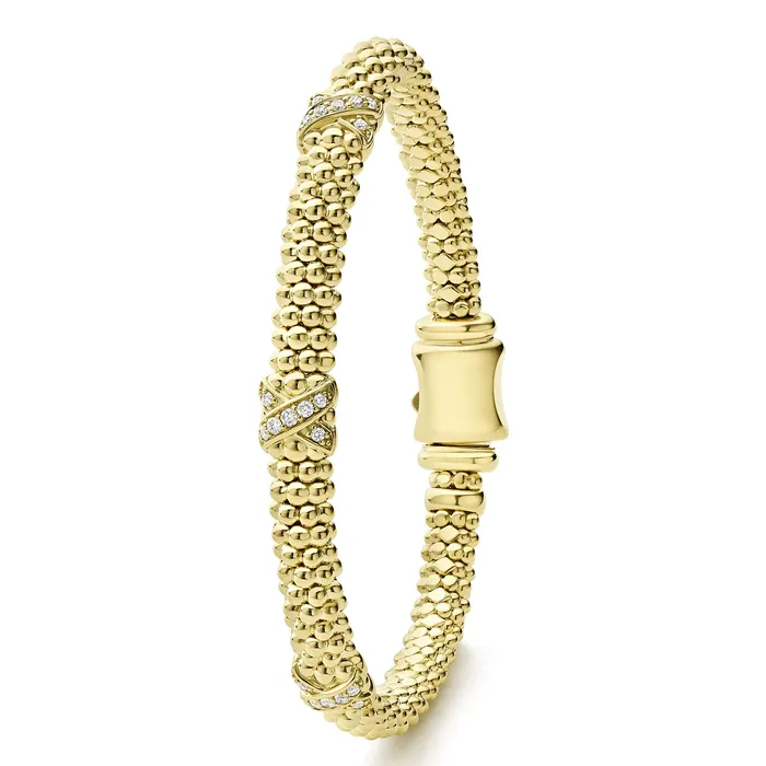 Bracelets | Embrace 18K Gold Three Station X Diamond Caviar Bracelet | 6mm - LAGOS