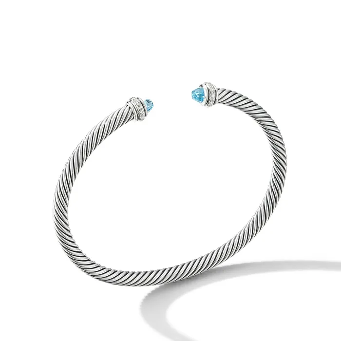 Classic Cable Bracelet in Sterling Silver with Blue Topaz and Diamonds 4mm David Yurman Bracelets