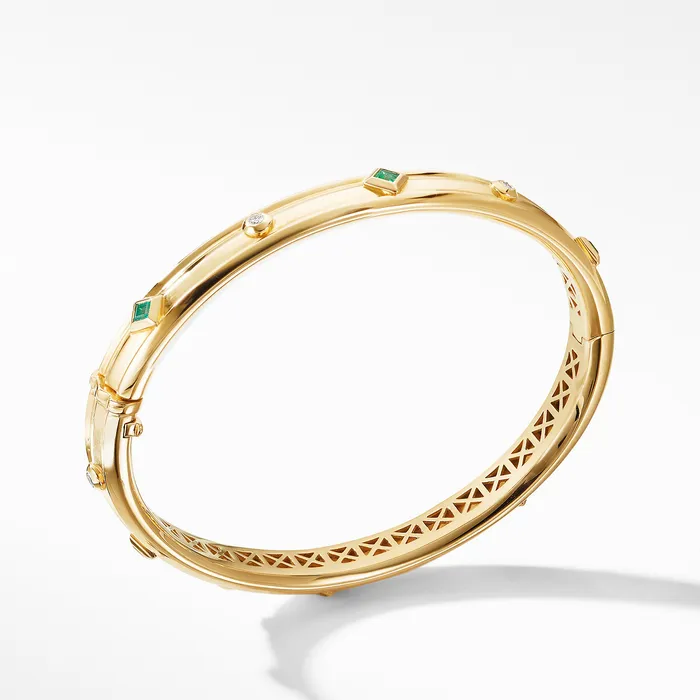 David Yurman Bracelets Modern Renaissance Bangle Bracelet in 18K Yellow Gold with Emeralds and Diamonds 8mm