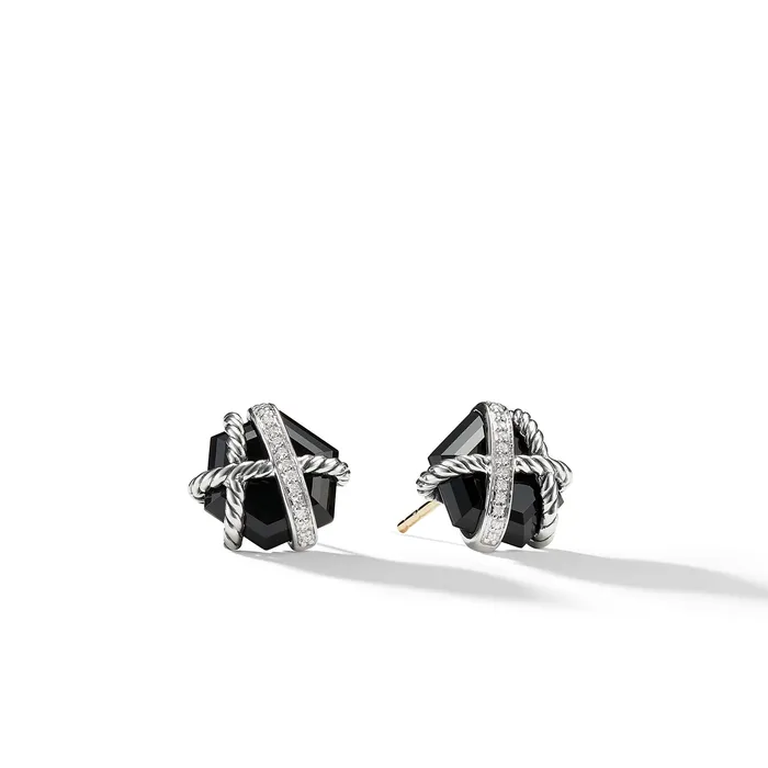 David Yurman Cable Wrap Stud Earrings in Sterling Silver with Black Onyx and Diamonds 11mm Earrings