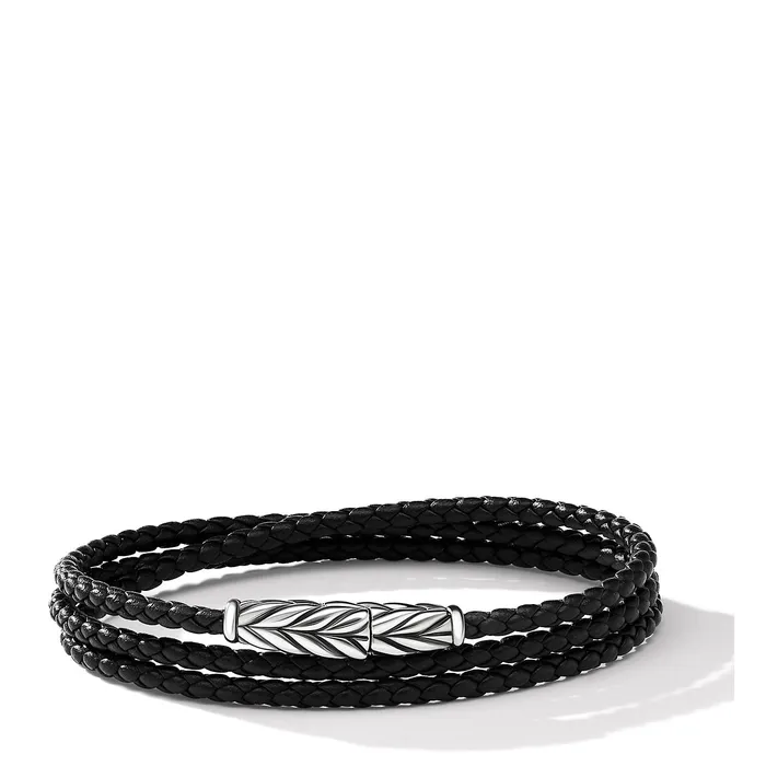 David Yurman Chevron Triple Wrap Bracelet in Black Leather and Sterling Silver 3mm Bracelets