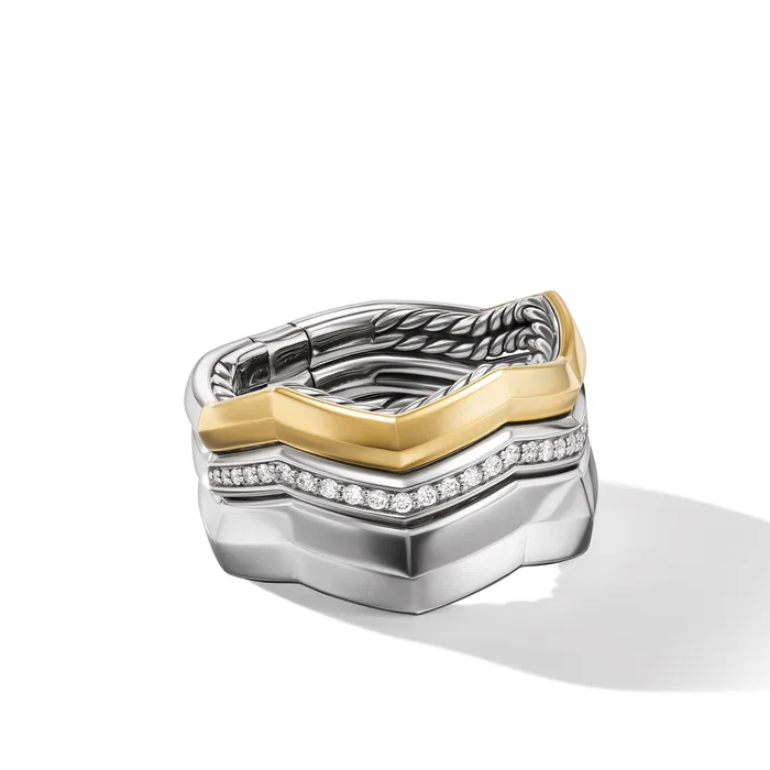 David Yurman Rings Zig Zag Stax™ Three Row Ring in Sterling Silver with 18K Yellow Gold and Diamonds 11.7mm