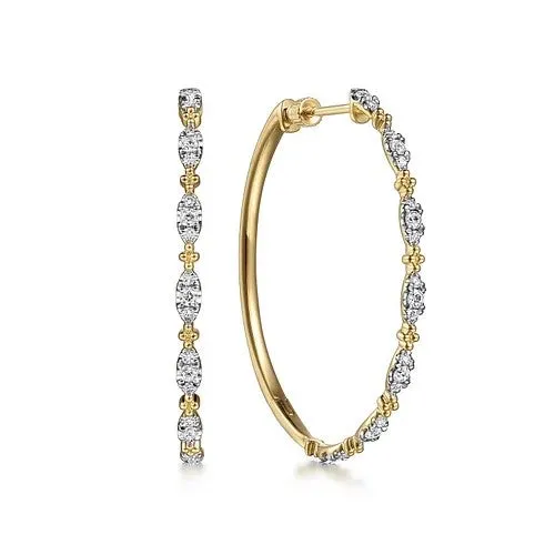 Earrings 14K Yellow Gold 40mm Diamond Station Intricate Hoop Earrings - GABRIEL CO.