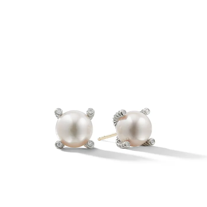 Earrings David Yurman Pearl Stud Earrings in Sterling Silver with Pearls and Diamonds 14mm