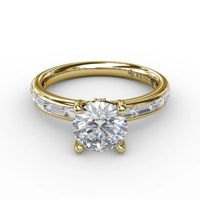 FANA Classic Round Diamond Solitaire Engagement Ring With Baguette Diamond Shank | Rings