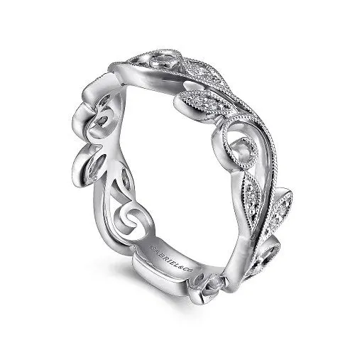 GABRIEL & CO. 14K White Gold Scrolling Floral Diamond Stackable Ring | Rings