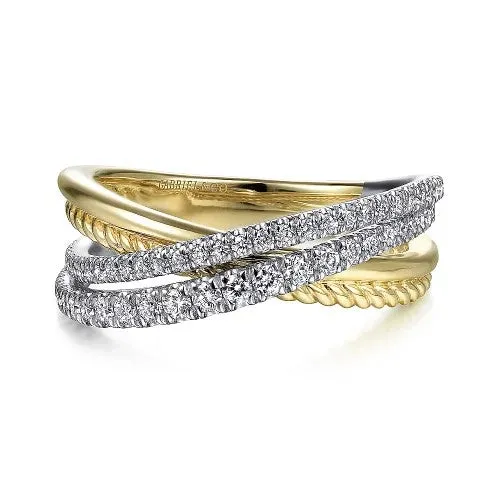 GABRIEL CO. 14K White-Yellow Gold Twisted Rope and Diamond Criss Cross Ring Rings