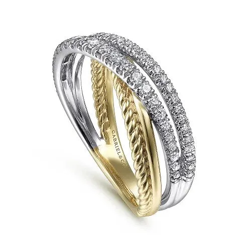 GABRIEL & CO. 14K White-Yellow Gold Twisted Rope and Diamond Criss Cross Ring | Rings