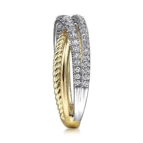 GABRIEL & CO. 14K White-Yellow Gold Twisted Rope and Diamond Criss Cross Ring | Rings