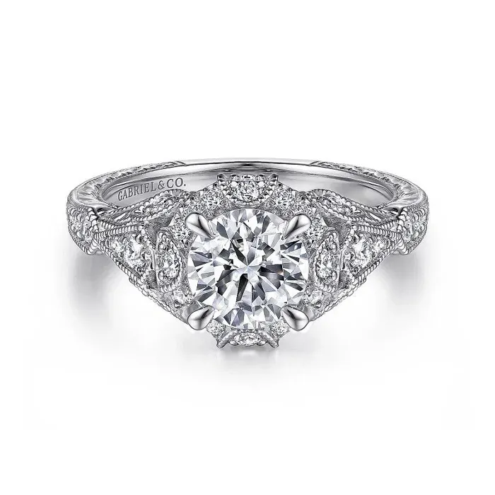 GABRIEL CO. Annadale - Unique 14K White Gold Vintage Inspired Diamond Halo Engagement Ring (Setting Only) Rings