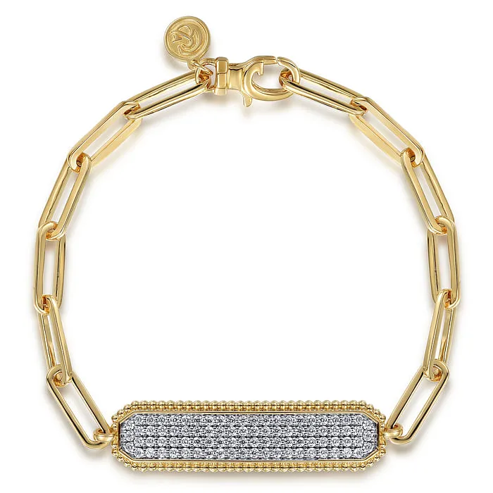 GABRIEL CO. Bracelets 14K Yellow Gold Hollow Paperclip Chain Diamond Pave ID Bracelet