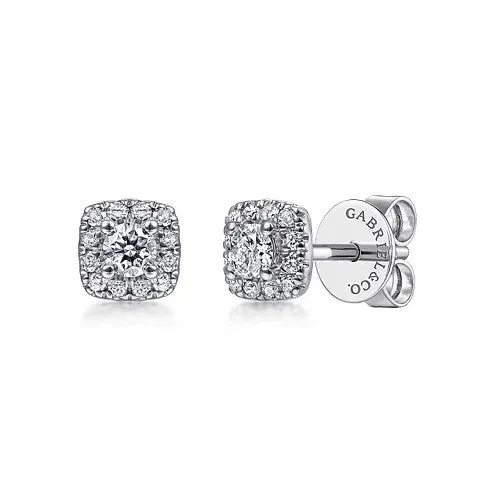 GABRIEL CO. Earrings 14K White Gold Cushion Halo Round Diamond Stud Earrings