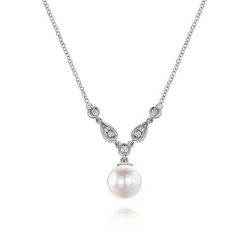 GABRIEL CO. Necklaces 14K White Gold Cultured Pearl and Diamond Accent Necklace