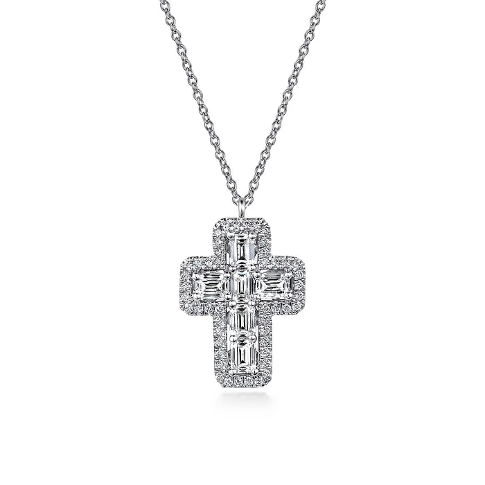 GABRIEL CO. Necklaces 14K White Gold Emerald Cut Diamond Cross Necklace