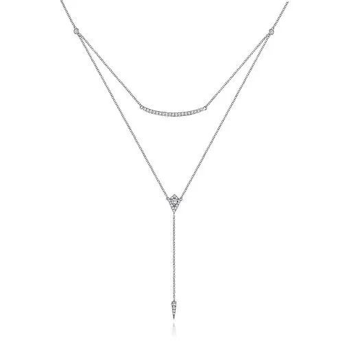 GABRIEL CO. Necklaces 14K White Gold Layered Curved Bar and Diamond Drop Y Necklace