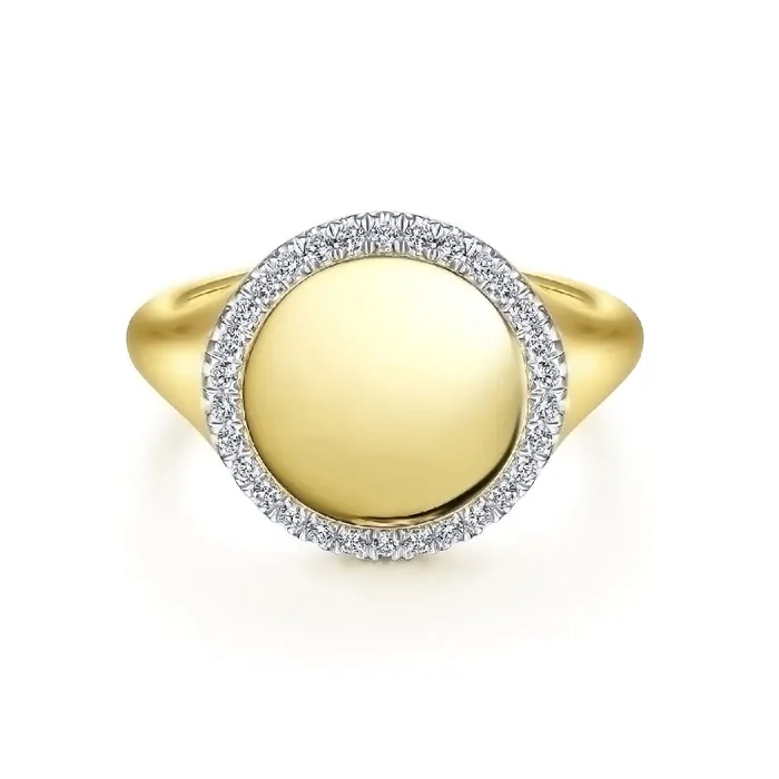 GABRIEL CO. Rings 14K Yellow Gold Pinky Signet Ring with Diamond Halo