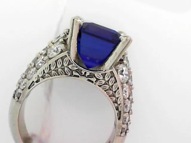 JEWELRY WORLD Rings | Platinum Emerald-Cut Tanzanite and Round Diamond Ring