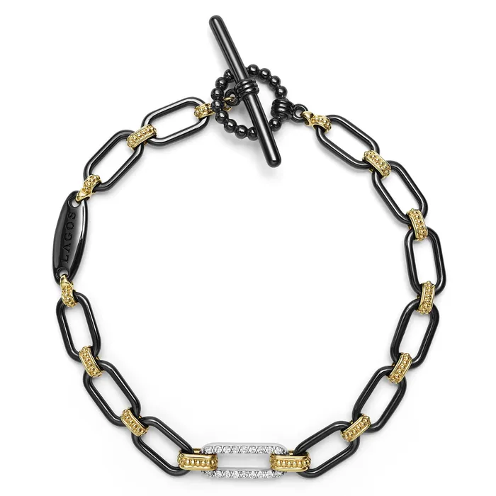 LAGOS Bracelets Signature Caviar 18K Gold and Black Ceramic Diamond Station Link Bracelet 6mm