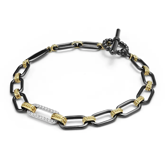 LAGOS Bracelets | Signature Caviar 18K Gold and Black Ceramic Diamond Station Link Bracelet | 6mm