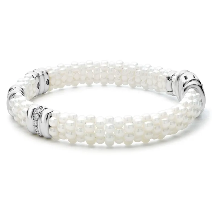 LAGOS Bracelets | White Caviar Three Station Ceramic Diamond Bracelet | 9mm