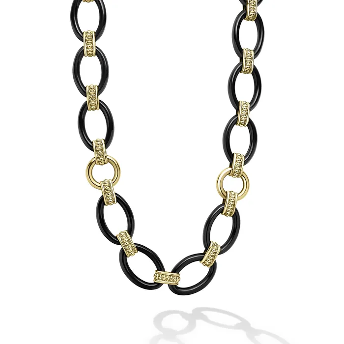 LAGOS Meridian 18K Gold and Black Ceramic Link Necklace 10mm Necklaces