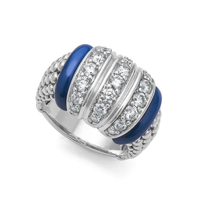 LAGOS Rings Blue Caviar Three Station Ceramic Caviar Diamond Ring