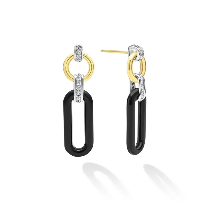 LAGOS Signature Caviar 18K Gold and Black Ceramic Diamond Link Drop Earrings | Earrings