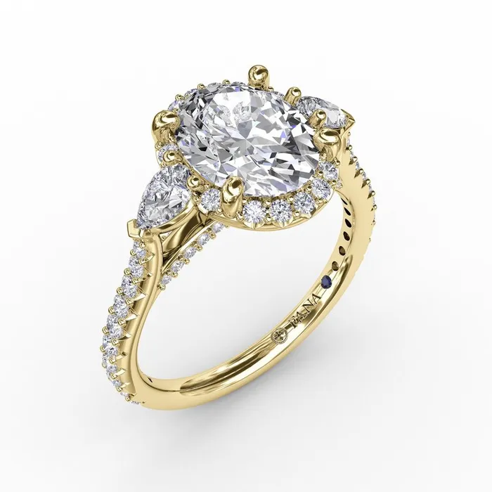 Oval Diamond Halo Engagement Ring With Pear-Shape Diamond Side Stones FANA Rings