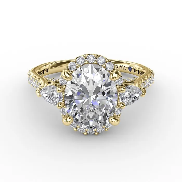 Oval Diamond Halo Engagement Ring With Pear-Shape Diamond Side Stones | FANA Rings