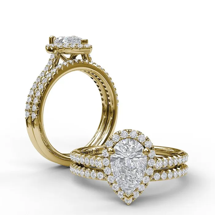 Rings | FANA Delicate Pear Shaped Halo And Pave Band Engagement Ring