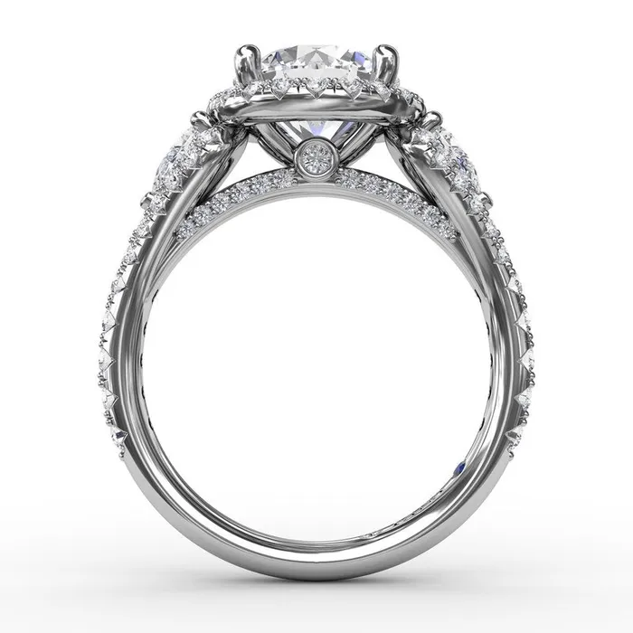 Rings | FANA Three-Stone Round Diamond Halo Engagement Ring