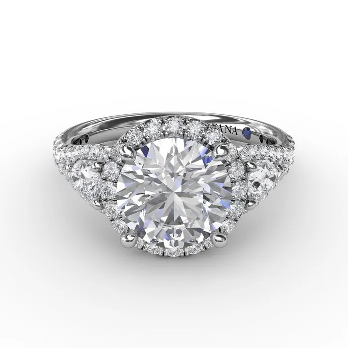 Rings | FANA Three-Stone Round Diamond Halo Engagement Ring