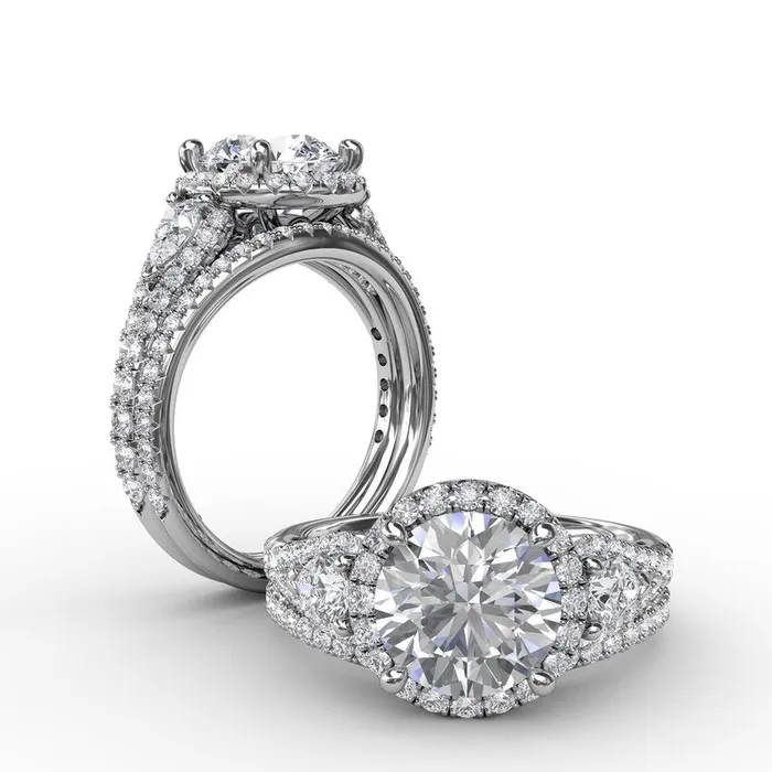 Rings | FANA Three-Stone Round Diamond Halo Engagement Ring