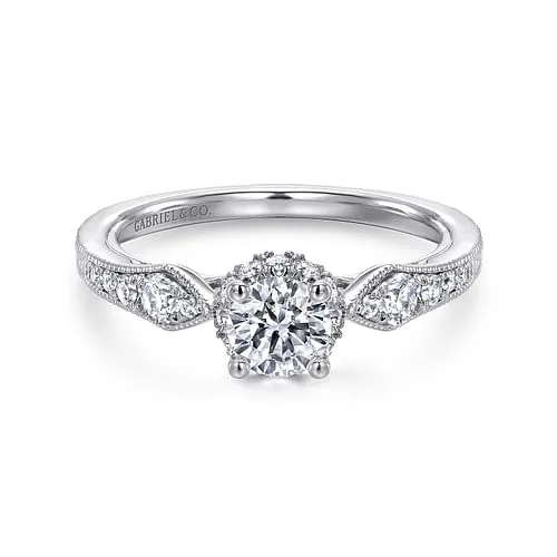 Rings GABRIEL CO. Vintage Inspired 14K White Gold Round Halo Complete Diamond Engagement Ring