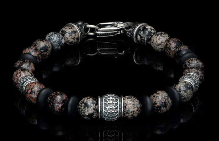 WILLIAM HENRY LLC Bracelets Newport - Red Obsidian Beaded bracelet with sculpted Sterling silver and Red Snowflake Obsidian