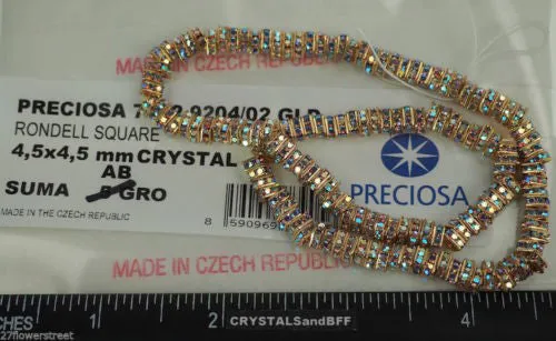 144 Preciosa Genuine Czech Rhinestone Squaredelles 4.5mm Crystal AB Gold Plated (Squaredelle Square Rondelle) Crystals and Beads for Friends Pre-Styled Sets