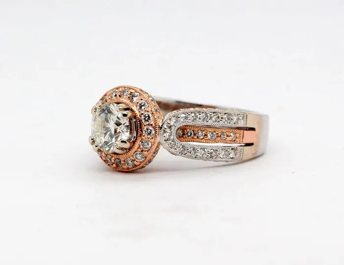 14K Two Tone 1.76 Cttw Diamond Halo Engagement Ring | FULLER'S PURCHASE FROM PUBLIC Rings