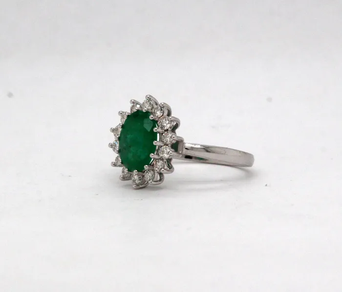 14KW 1.50 Ct Emerald and .40 Cttw Diamond Halo Ring H in Color and SI2 ETHOS Creations Rings