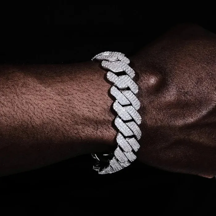 20mm Iced Out 3 Row Diamond Prong Cuban Link Bracelet in White Gold Bling Proud Bracelets