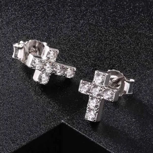 925 Sterling Silver Diamond Cross Stud Earrings for Men | YiWuJinAo Earrings