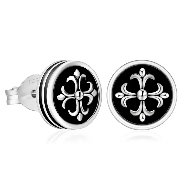 9mm Black Stud Earrings - Cross Fleur-de-lis Lily flower KRKC Earrings