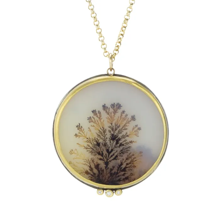 Ananda Khalsa Necklaces Round Dendritic Agate Necklace with Diamonds