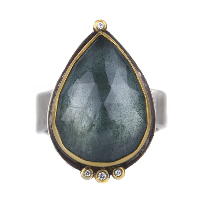 Ananda Khalsa Rings Teardrop Blue Moss Aquamarine Ring