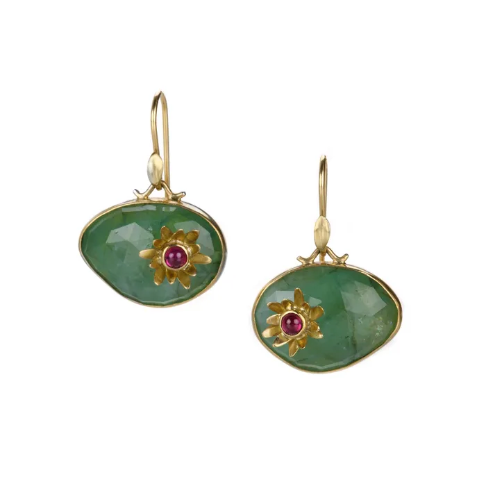 Annette Ferdinandsen Emerald Monet Water Lily with Ruby Earrings Earrings